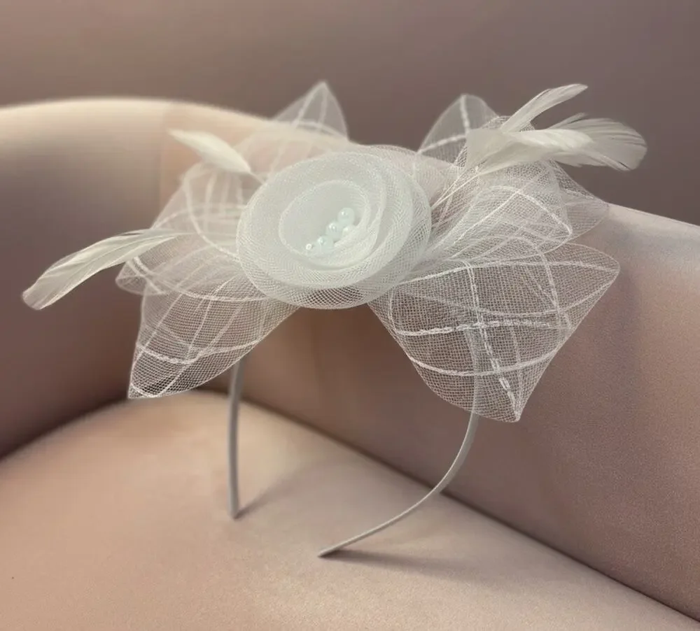 Floral Organza Mesh Ribbon Fascinator White